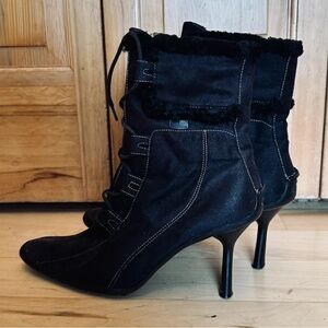 Anne Klein Black Heeled Boots with Fur Trim